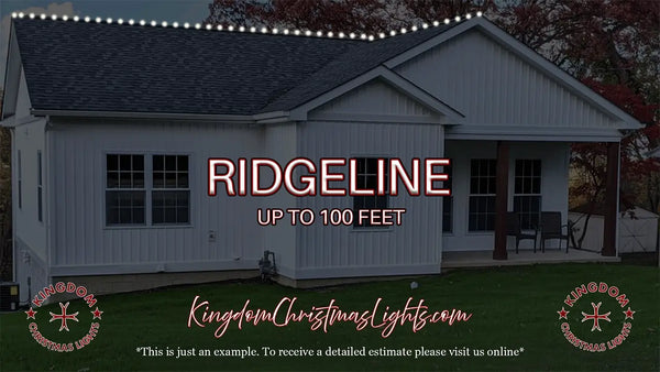 House with Christmas lights on the roof and promotional text for Kingdom Christmas Lights.