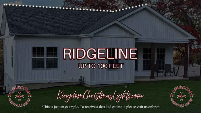 House with Christmas lights on the roof and promotional text for Kingdom Christmas Lights.