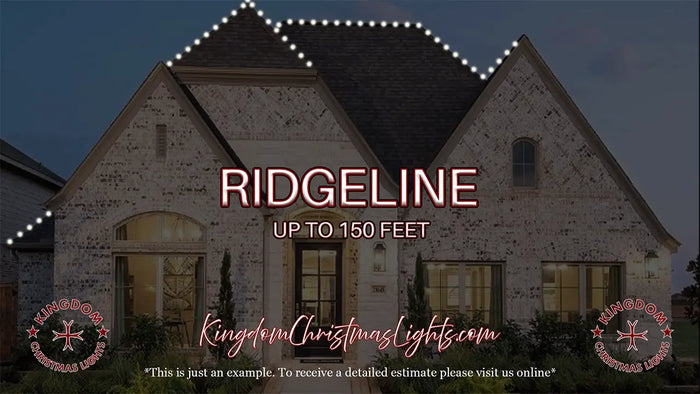 House with Christmas lights on the roof, featuring 'Ridgeline' text and Kingdom Christmas Lights branding.