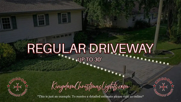 Advertisement for Kingdom Christmas Lights showing a driveway with text about the length of the lights.