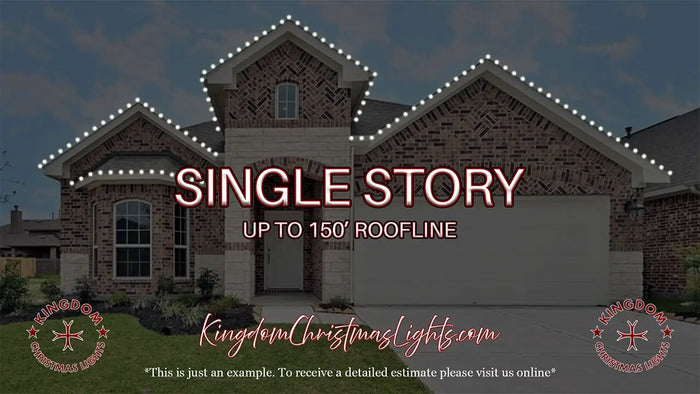 House with Christmas lights on the roof and promotional text for Kingdom Christmas Lights.