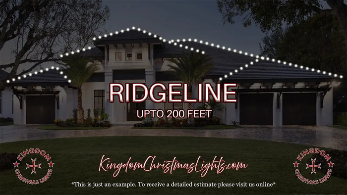 House with string lights on the roof at night, featuring 'Ridgeline' text and Kingdom Christmas Lights branding.
