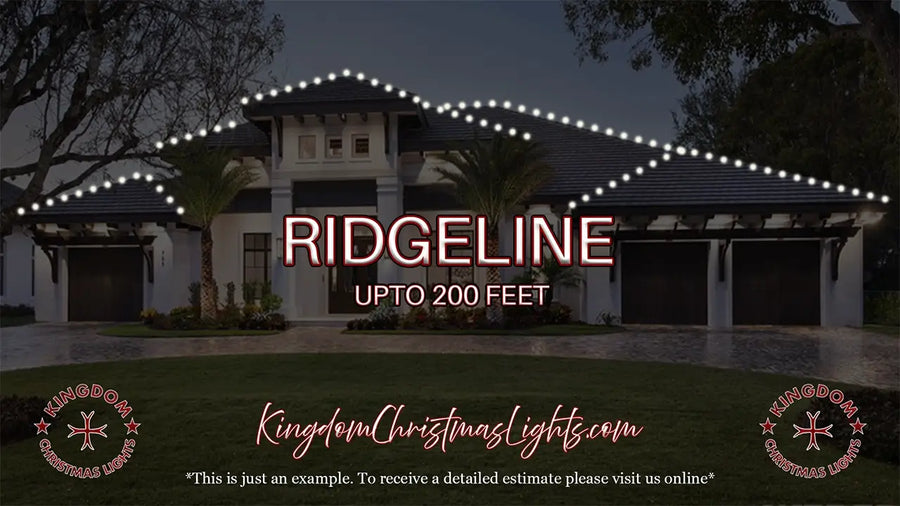 House with string lights on the roof at night, featuring 'Ridgeline' text and Kingdom Christmas Lights branding.