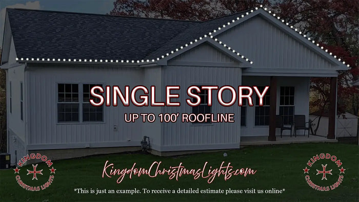 House with Christmas lights on the roofline, featuring text about single-story roofline length.