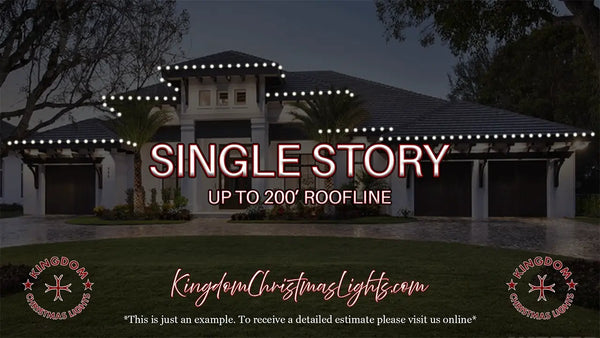 House with Christmas lights on the roof at night, featuring text about single-story houses and roofline length.