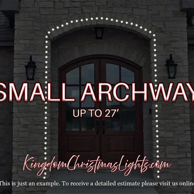 Small archway with decorative lights on a stone building, featuring text about dimensions and a website URL.