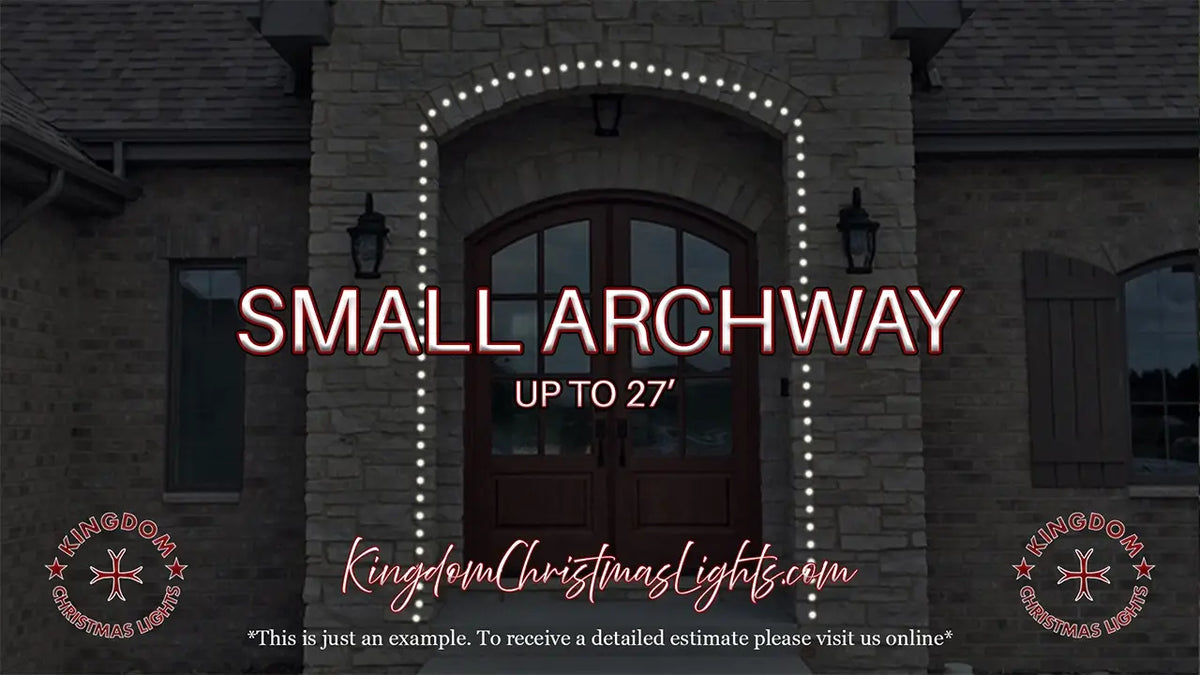 Small archway with decorative lights on a stone building, featuring text about dimensions and a website URL.