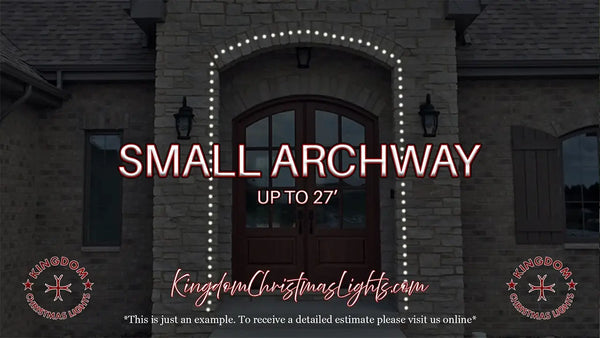 Small archway with decorative lights on a stone building, featuring text about dimensions and a website URL.