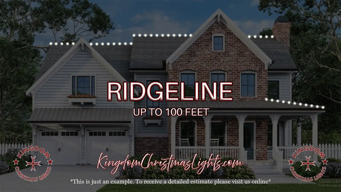 Brick house with Christmas lights on the roof, featuring 'Ridgeline' text and Kingdom Christmas Lights branding.