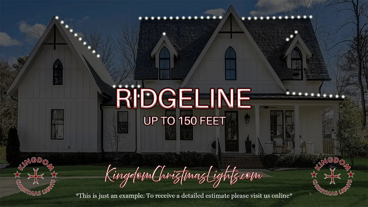 House with Christmas lights on the roof, featuring the brand 'Ridgeline' and a website URL.