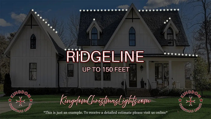 House with Christmas lights on the roof, featuring the brand 'Ridgeline' and a website URL.