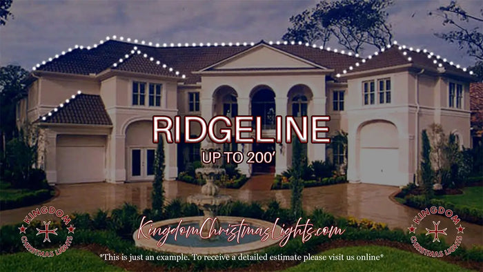 Luxury house with Christmas lights on the roof, featuring the brand 'Kingdom Christmas Lights'.