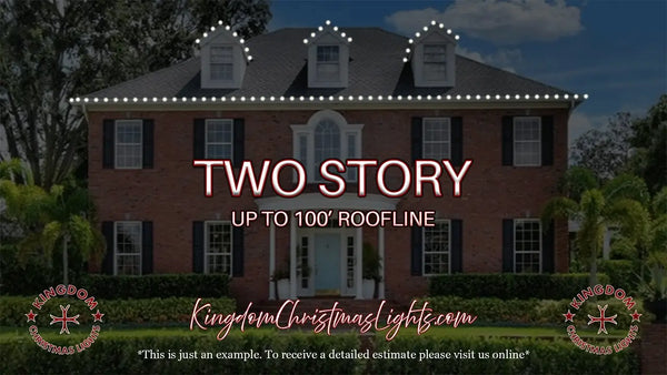 Brick house with Christmas lights on the roofline, featuring text about two-story light display.