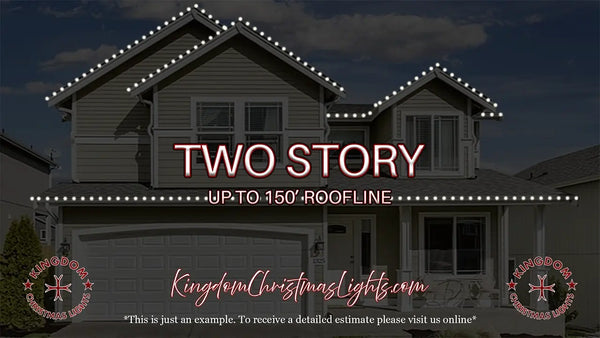 House with Christmas lights on the roof and promotional text for Kingdom Christmas Lights.