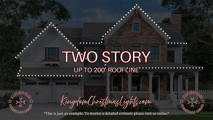 Two-story house with Christmas lights and text overlay on a dark background