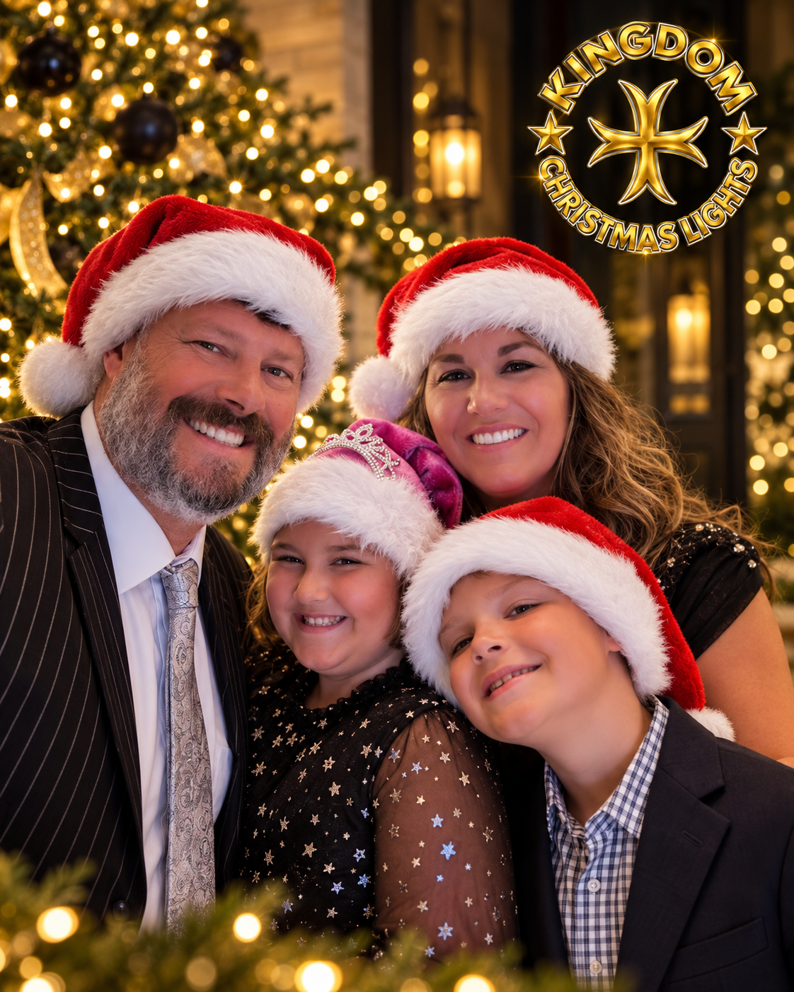 Ron and Laura Robey with their children, Levi and Stella, wearing Santa hats beside a Christmas tree.