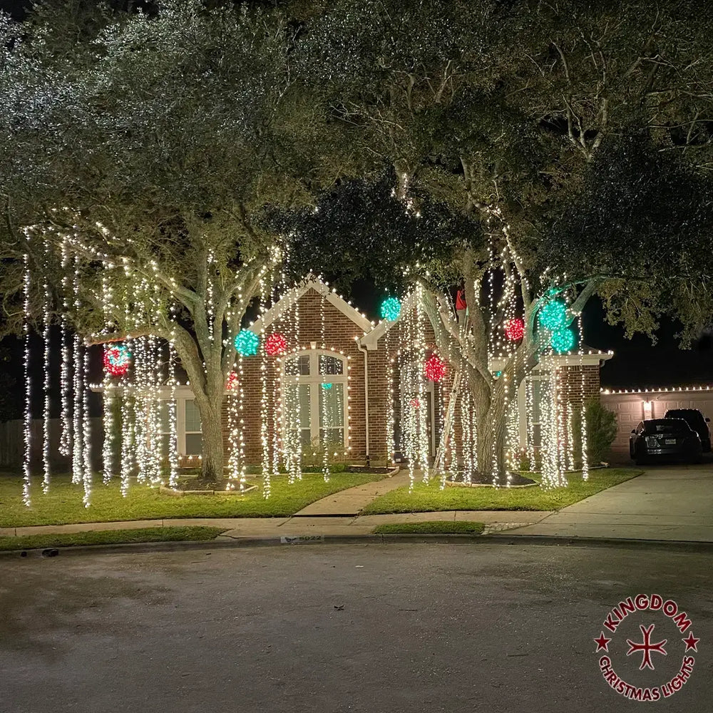 Warm white lights wrapping the trunks and primary branches of several mature trees, with hanging light strands below the canopy.