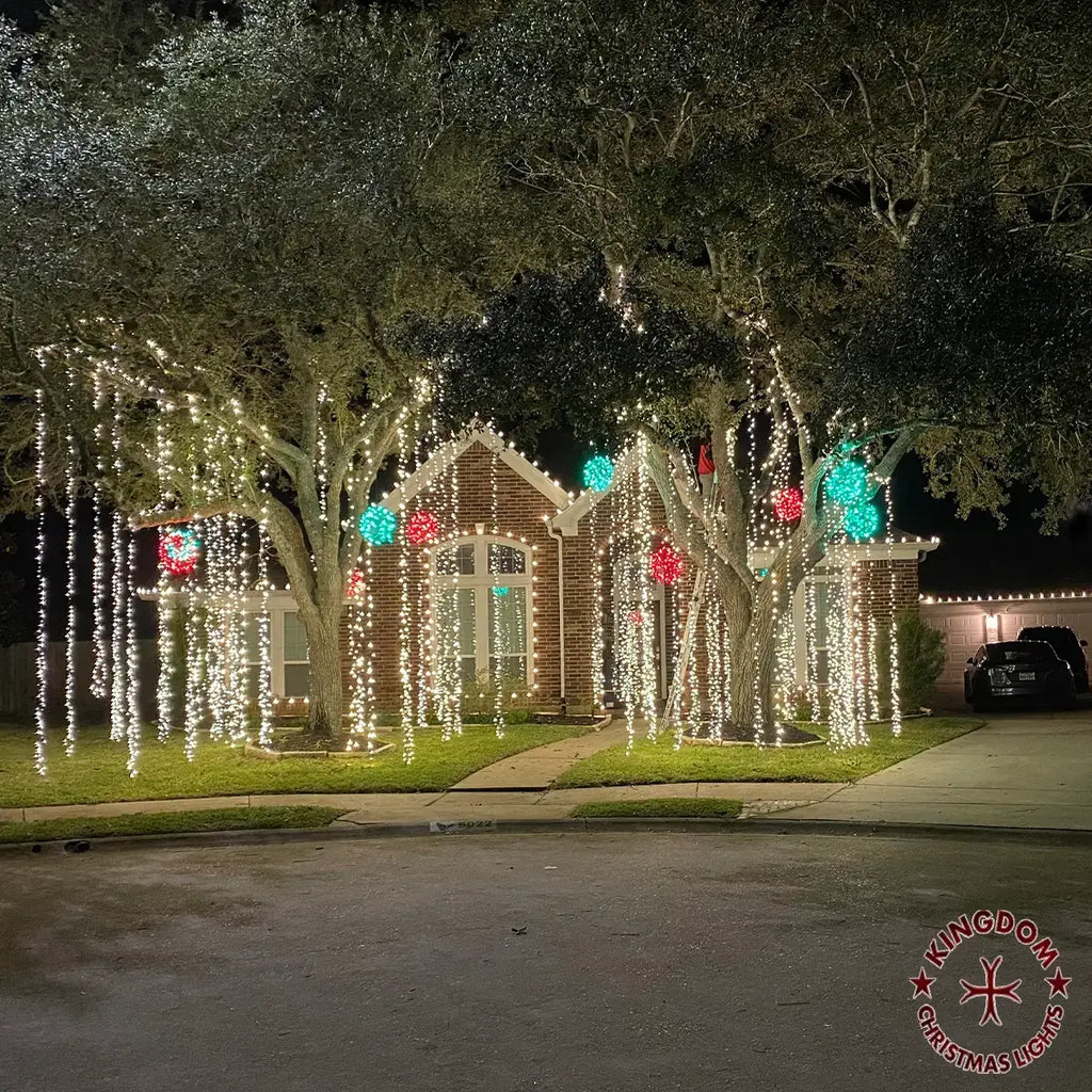 Decorative Christmas lights on trees in front of a house